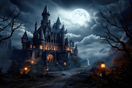 Old Gothic castle in haunted spooky forest on scary Halloween night, generative AI. Scenery of gloomy castle in twilight, mystic scene. Horror, Hallowen, mystery and terror concept.の素材
