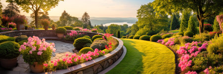 Landscape design of home garden with retaining walls, panoramic view, generative AI. Beautiful landscaped garden, scenery of luxury backyard. Theme of nature, flowers, walkway, landscaping.の素材