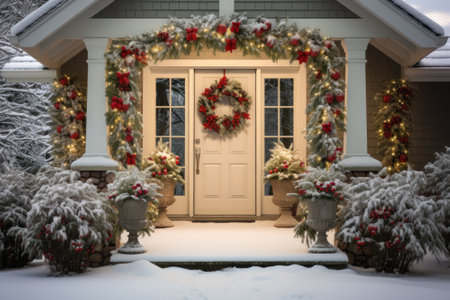 Christmas porch decoration, front door with festive garland and wreath, generative AI. House entrance and exterior in winter on holidays. Theme of design, xmas, decor, snow.の素材