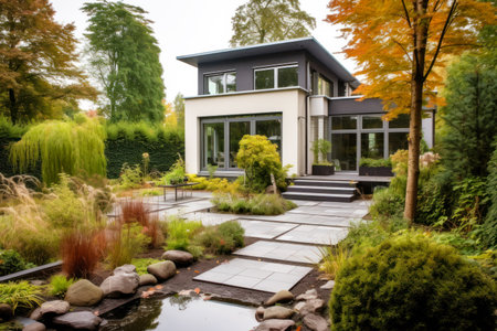 Modern residential house with luxury landscaped home garden in summer, generative AI. Concept of landscaping, architecture design, property, project, nature, contemporary detached house.の素材