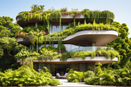 Modern green building with gardens and vertical forest, eco-friendly design, generative AI. Contemporary futuristic urban house in summer. Concept of nature, garden, greenery, ecology and future.の素材