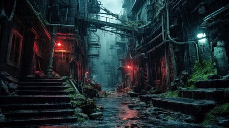 Dark dirty alley in rain, gloomy street in cyberpunk city, dystopia theme, generative AI. Scenery of grungy futuristic town. Concept of future, technology, cyber, fantasy.の素材