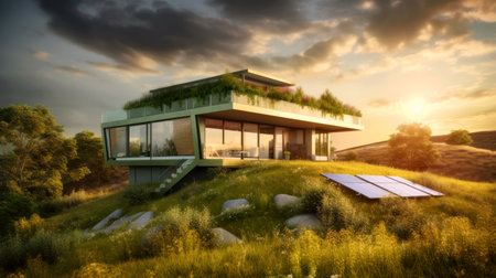 Modern sustainable house with solar panels, energy saving technology, generative AI. Scenery of green mansion in summer. Concept of nature, landscape, eco-friendly design.の素材