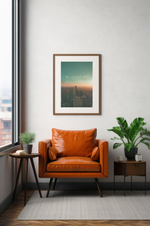 Frame mockup poster on white wall near window, home interior design, generative AI. Concept of minimalist style of living room, contemporary apartment.の素材