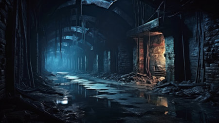 Dark scary underground tunnel, old creepy abandoned cellar or dungeon, generative AI. Spooky dirty passage with low lights. Concept of grunge, horror, basement, road.の素材