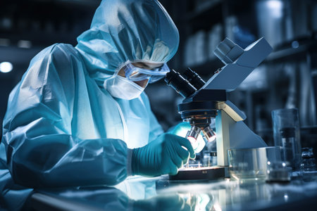 Researcher works with microscope in lab, scientist in ppe suit works in medical laboratory. Worker performs test. Concept of cancer, research, microbiology, drug, virus, biotechnology. Generative AI.の素材