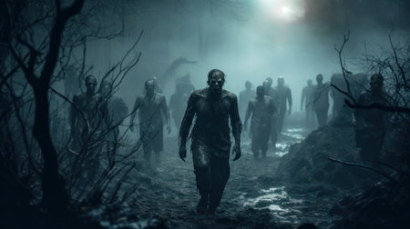 Scary army of dead in forest on Halloween night, zombies walk in rain during apocalypse. Cinematic view of creepy undead in mist. Concept of horror, helloween, fantasy, death, monster. Generative AI.の素材