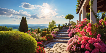 Beautiful home garden at sunset, scenic path and stairs in luxury backyard in summer. Landscape design with flowers, tile and bushes. Concept of landscaping, nature, walkway, landscaped garden. Generative AI.の素材