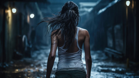 Woman in dirty torn sleeveless walks away down dark scary alley in rain, lonely adult girl escapes at night. Female person like in thriller or horror movie. Concept of lost, terror, cinematic. Generative AI.の素材