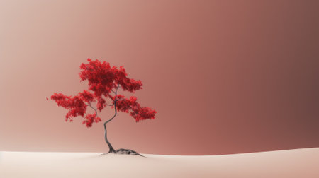 Lone tree isolated on sky background, minimalist landscape of desert. Peaceful simple nature scene in summer with copy space. Concept of art, beauty, minimalism, travel, environment and calm. Generative AI.の素材