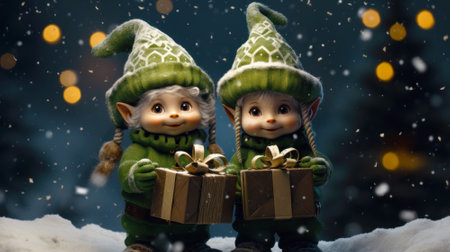 Two elves girls carrying gifts on Christmas night, young cute helpers of Santa Claus in winter. Funny character on snow background. Concept of New Year, design, illustration, bokeh, nature. Generative AI.の素材