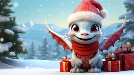 Cute baby dragon with gifts on snow background, funny animal in forest on Christmas. Happy smiling character in winter holiday. Concept of New Year, design, illustration, cartoon, pattern, nature. Generative AI.の素材