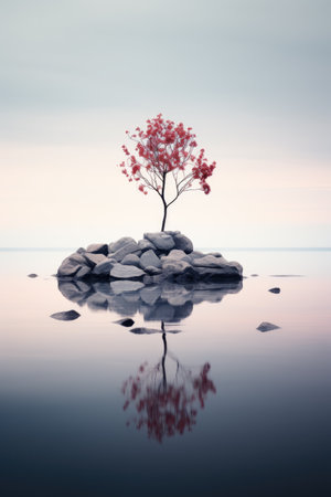 Lone tree on rocks in water, vertical view. Minimalist landscape with small stone island on lake, peaceful nature in autumn. Concept of art, beauty, minimalism, tranquil, calm and environment. Generative AIの素材