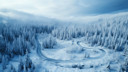 Aerial view of winter forest, snowy winding road in woods. Landscape with path, snow, trees and sky. Concept of nature, travel, Siberia, Norway, country, season, flight and cold. Generative AI.の素材