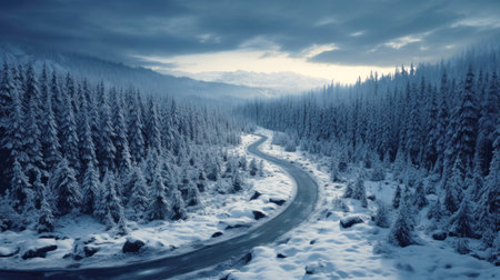 Road in winter forest, aerial view of snowy woods at sunset. Landscape with path, snow, trees and sky. Concept of nature, travel, Siberia, Norway, country, season, flight and cold. Generative AI.の素材