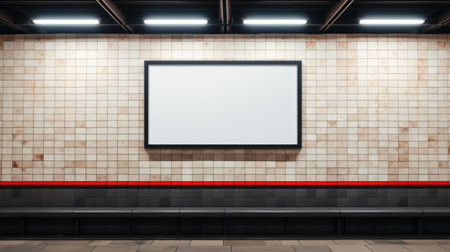 Blank billboard in subway station, poster mockup on tiled wall. Empty space for advertising in urban underground. Concept of metro, street, banner, background, template, city. Generative AI.の素材