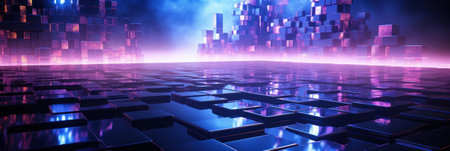 Abstract tech background, futuristic digital space with data blocks and neon light. Perspective view of cyberspace. Concept of data, technology, future, network, cloud, virtual storage. Generative AI.の素材