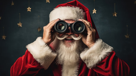 Funny Santa Claus looking through binoculars, portrait of happy bearded man wearing red Christmas outfit on dark background. Concept of New Year, search, vision, spy, vintage, travel, seek. Generative AI.の素材