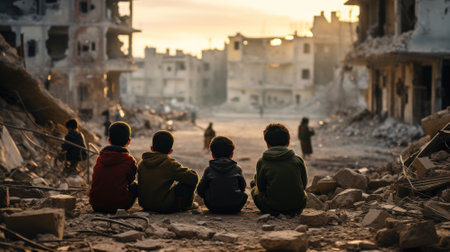 Middle Eastern children sit on destroyed city street watching buildings ruins, unhappy Arab kids looks at destructions during war. Concept of Palestine Israel conflict, childhood, school. Generative AI.の素材