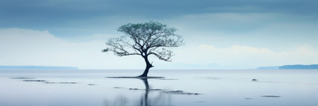 Minimalist landscape of lake and lone tree, scenery of sky, water and plant an blue background, peaceful nature in autumn. Concept of art, beauty, minimalism, tranquil, calm and environment. Generative AIの素材