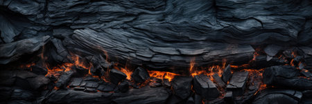 Black charcoal with fire, burnt wood texture background, panoramic banner. Abstract charred timber, pattern of embers. Concept of coal, bbq, grill, barbecue, fire, firewood, smoke, structure. Generative AIの素材