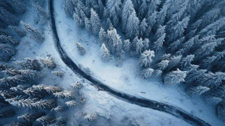 Road in snowy forest in winter, aerial top view. Landscape of frozen woods with snow, path and trees. Concept of nature, travel, Siberia, Norway, country, scenery, season, cold, frost. Generative AI.の素材