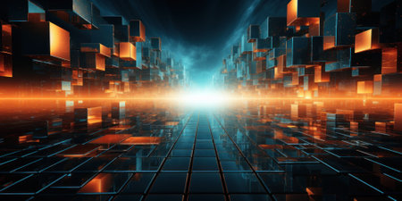 Abstract technology background, panorama of dark futuristic digital space. Perspective view of cyberspace texture and light. Concept of data, tech, future, network, cloud, storage, speed. Generative AI.の素材
