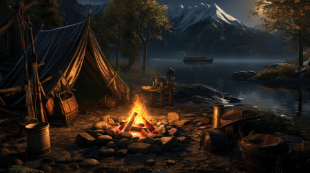 Camping tent and bonfire by river at night, campfire in dark forest in autumn. Fire burns near canvas cabin and expedition gear. Theme of nature, travel, escape, landscape, adventure and hiking.の素材