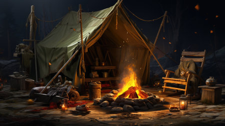 Camping tent and bonfire in forest at night, campfire in dark woods in summer. Fire burns near vintage cabin and expedition equipment. Theme of nature, travel, escape, family, adventure and hiking.の素材