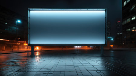 Blank big billboard on street at night, poster mockup in dark city. Empty banner for advertising in urban landscape. Concept of station, background, city, template, parking, design. Generative AI.の素材