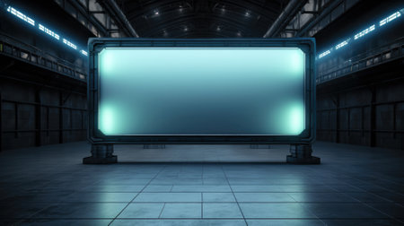 Blank digital billboard at train station, poster mockup in dark corridor. Empty screen for advertising in industrial hallway. Concept of subway, metro, display, background, city, template. Generative AI.の素材