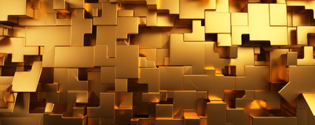 Gold puzzle texture background, wall of shiny metal pieces, pattern of abstract golden blocks. Concept of business, game, design, jigsaw, wide banner, riddle, wallpaper, mystery and secret. Generative AIの素材