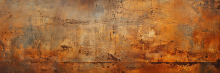 Rusty metal texture background, panoramic banner of old iron sheet with rust. Vintage grungy oxidized steel plate. Theme of industry, grunge, wall, weathered material, antique, history. Generative AI.の素材