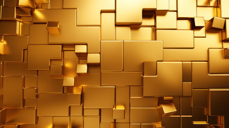 Gold puzzle background, wall of shiny metal pieces, pattern of abstract golden blocks. Concept of business, game, design, jigsaw, texture, riddle, wallpaper, mystery and secret. Generative AIの素材