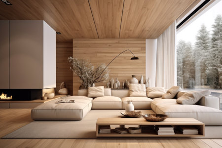 Modern house interior with Scandinavian design, wood furniture and walls, panoramic window in living room. Concept of eco, home decor, minimalist style, winter, contemporary living. Generative AI.の素材