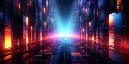 Abstract digital space background, dark futuristic tech room. Perspective view of data blocks and cyber energy neon light. Concept of technology, future, network, cloud, storage, information. Generative AI.の素材