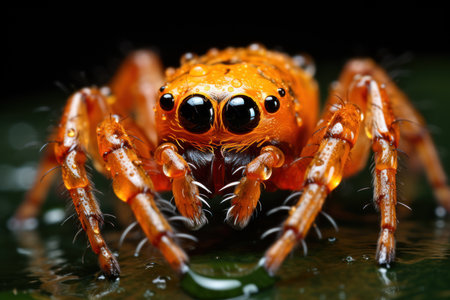 Cute wild spider sits on wet leaf on dark background, macro view. Close up portrait of scary small animal like insect in water after rain in forest. Theme of nature, spooky and environment. Generative AI.の素材