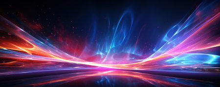 Abstract neon lines background, pattern of fast motion in futuristic digital space. Cyberspace with glowing waves of blue, red and purple light. Concept of tech, future, data, speed, transfer. Generative AI.の素材