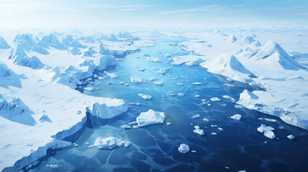 Cracked ice and glacier in Antarctica, scenery of frozen ocean water. Antarctic landscape with snow, icebergs and sky. Concept of sea, white pure nature, winter, warming and travel. Generative AI.の素材