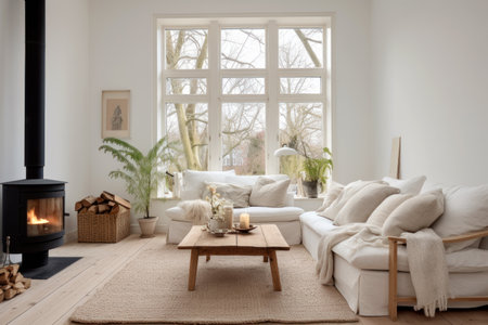 Modern home interior with wooden furniture and fireplace in rustic design. Contemporary Scandinavian minimalist style of living room. Concept of nature, wood, plant, white walls, eco-friendly. Generative AI.の素材