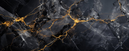 Black marble texture background, wide banner with pattern of gold line in dark rock. Abstract luxury marbled structure close-up. Concept of art, design, stone and wallpaper. Generative AI.の素材