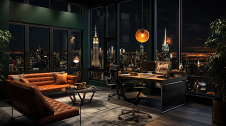 Luxury home office interior with city view, dark modern room at night. Stylish skyscraper apartment with desk, couches and panoramic window. Concept of contemporary elegant design, private. Generative AIの素材
