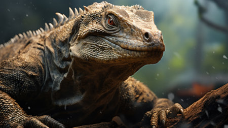 Portrait of monitor lizard like Komodo dragon in green forest, big wild reptile as ancient dinosaur in jungle. Concept of wildlife, nature, animal skin, Indonesia, wilderness, fauna. Generative AIの素材