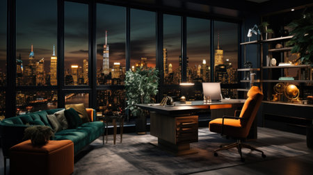 Modern home office interior in skyscraper, dark luxury room with night city view. Stylish apartment with big window and orange green furniture. Concept of contemporary elegant design, private. Generative AIの素材