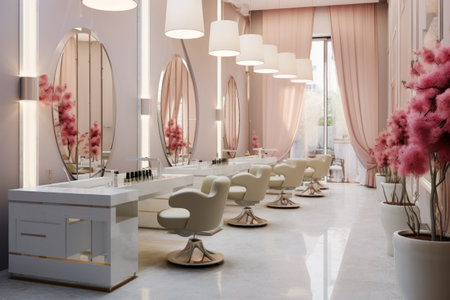 Modern beauty salon interior, luxury cosmetic store with cream and pink design. Bright nail service shop, trendy manicure studio. Concept of fashion, glamour, spa, makeup and business. Generative AIの素材