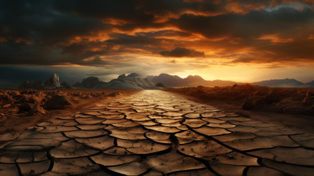 Landscape of dry cracked road at sunset, old path perspective view. Scenery of drought, wasteland, deserted earth. Concept of soil, ground, global warming, nature, climate change, erosion. Generative AI.の素材
