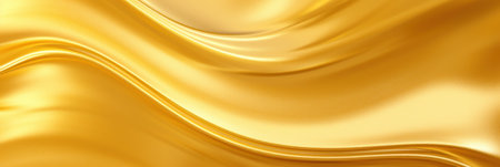 Gold fabric texture background, wide banner with yellow textile or golden foil. Abstract wavy pattern of shiny material. Concept of wave, beauty, rippled surface, gradient, design, fashion. Generative AI.の素材