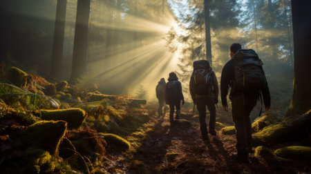 People in forest against sun, group of hikers walk in woods on sunbeams background. Scenery of men, sunlight and trees. Concept of hiking, family, journey, nature, adventure and travel. Generative AI.の素材