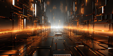 Digital space texture background, cyberspace like abstract futuristic virtual room, perspective view. Dark scene with data and orange light. Concept of technology, future, network, game. Generative AI.の素材