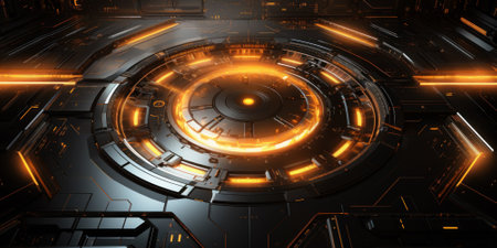 Abstract cyber space background, futuristic digital machine like round stage. Scene with computer data and orange light. Concept of technology, future, texture, network, game, information. Generative AI.の素材